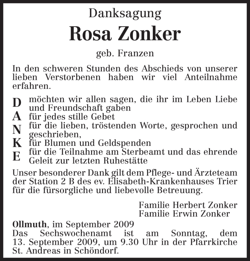  Traueranzeige für Rosa Zonker vom 05.09.2009 aus TRIERISCHER VOLKSFREUND