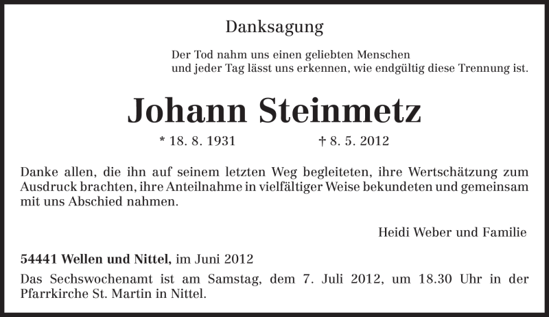  Traueranzeige für Johann Steinmetz vom 30.06.2012 aus TRIERISCHER VOLKSFREUND