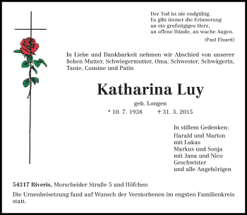 Traueranzeige von Katharina Luy von trierischer_volksfreund