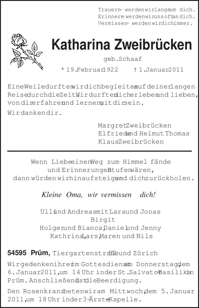  Traueranzeige für Katharina Zweibrücken vom 03.01.2011 aus TRIERISCHER VOLKSFREUND