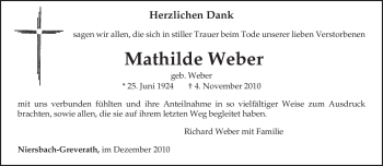 Traueranzeige von Mathilde Weber von TRIERISCHER VOLKSFREUND