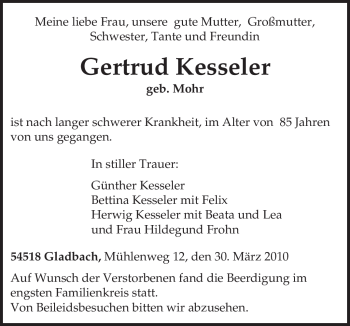 Traueranzeige von Gertrud Kesseler von TRIERISCHER VOLKSFREUND