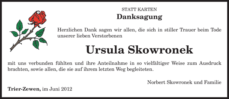  Traueranzeige für Ursula Skowronek vom 01.06.2012 aus TRIERISCHER VOLKSFREUND