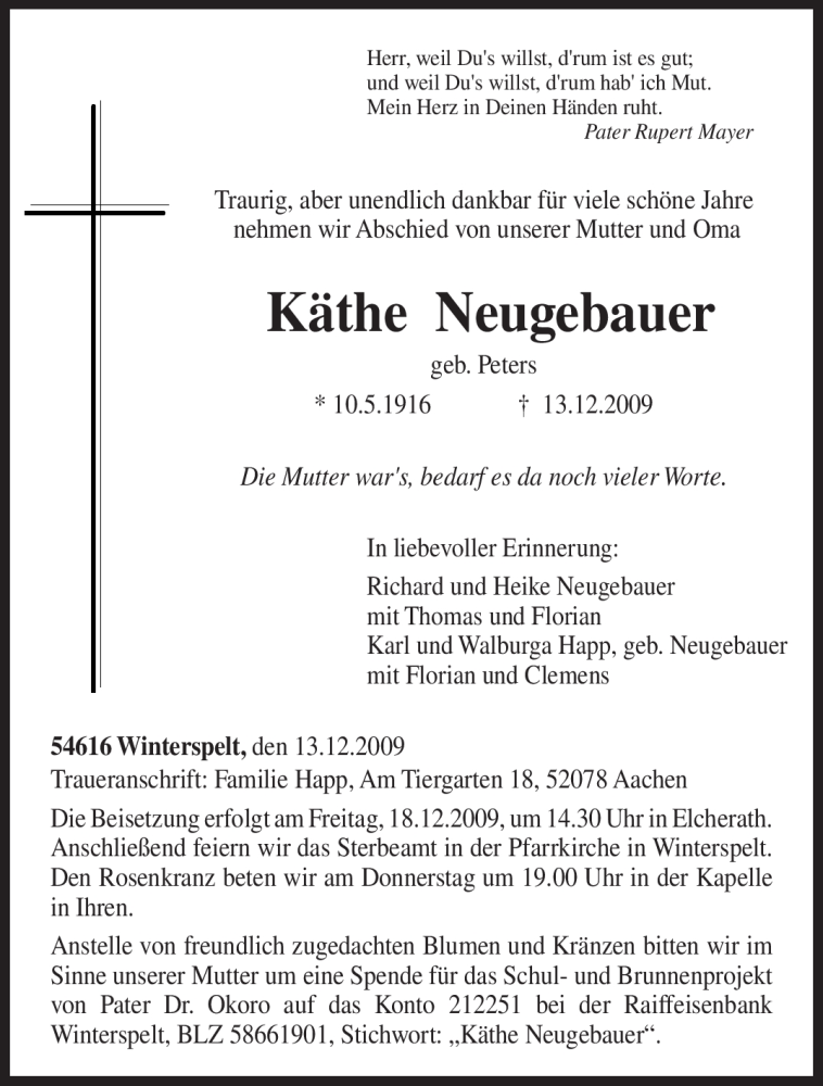  Traueranzeige für Käthe Neugebauer vom 15.12.2009 aus TRIERISCHER VOLKSFREUND