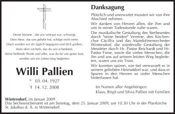 Traueranzeige von Willi Pallien von TRIERISCHER VOLKSFREUND