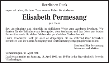 Traueranzeige von Elisabeth Permesang von TRIERISCHER VOLKSFREUND