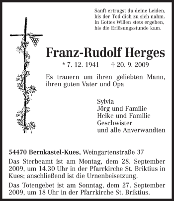 Traueranzeige von Franz-Rudolf Herges von TRIERISCHER VOLKSFREUND