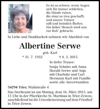 Traueranzeige von Albertine Serwe von trierischer_volksfreund