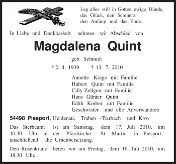 Traueranzeige von Magdalena Quint von TRIERISCHER VOLKSFREUND