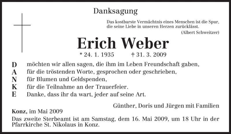  Traueranzeige für Erich Weber vom 09.05.2009 aus TRIERISCHER VOLKSFREUND