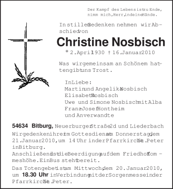 Traueranzeige von Christine Nosbisch von TRIERISCHER VOLKSFREUND