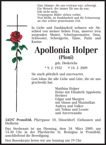 Traueranzeige von Apollonia Holper von TRIERISCHER VOLKSFREUND