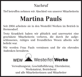 Traueranzeige von Martina Pauls von TRIERISCHER VOLKSFREUND