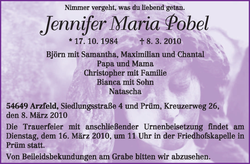  Traueranzeige für Jennifer Maria Pobel vom 13.03.2010 aus TRIERISCHER VOLKSFREUND