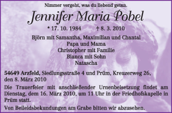 Traueranzeige von Jennifer Maria Pobel von TRIERISCHER VOLKSFREUND