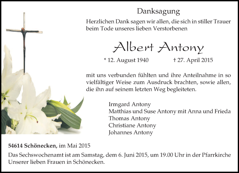 Traueranzeige für Albert Antony vom 30.05.2015 aus trierischer_volksfreund
