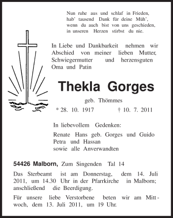 Traueranzeige von Thekla Gorges von TRIERISCHER VOLKSFREUND