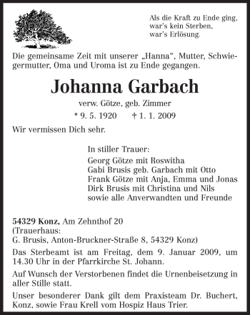 Traueranzeige von Johanna Garbach von TRIERISCHER VOLKSFREUND