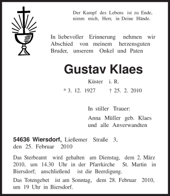 Traueranzeige von Gustav Klaes von TRIERISCHER VOLKSFREUND