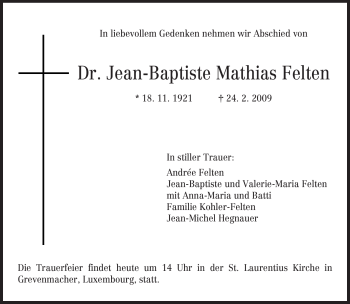 Traueranzeige von Jean-Baptiste Mathias Felten von TRIERISCHER VOLKSFREUND