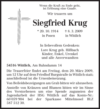Traueranzeige von Siegfried Krug von TRIERISCHER VOLKSFREUND