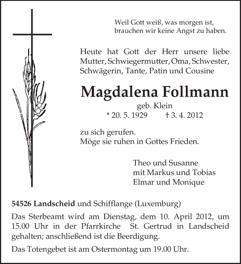  Traueranzeige für Magdalena Follmann vom 07.04.2012 aus TRIERISCHER VOLKSFREUND