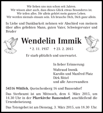 Traueranzeige von Wendelin Immik von trierischer_volksfreund
