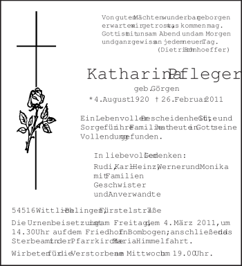 Traueranzeige von Katharina Pfleger von TRIERISCHER VOLKSFREUND