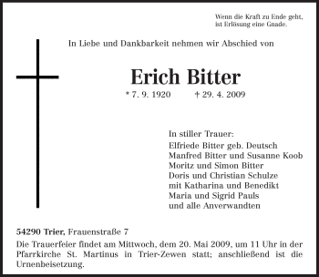Traueranzeige von Erich Bitter von TRIERISCHER VOLKSFREUND