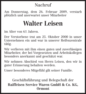 Traueranzeige von Walter Leisen von TRIERISCHER VOLKSFREUND