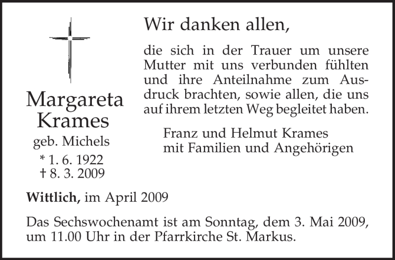  Traueranzeige für Margareta Krames vom 18.04.2009 aus TRIERISCHER VOLKSFREUND