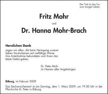 Traueranzeige von Hanna Mohr-Brach von TRIERISCHER VOLKSFREUND