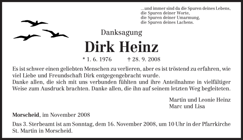  Traueranzeige für Dirk Heinz vom 08.11.2008 aus TRIERISCHER VOLKSFREUND