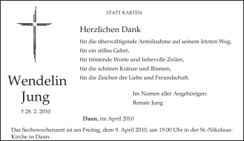 Traueranzeige von Wendelin Jung von TRIERISCHER VOLKSFREUND