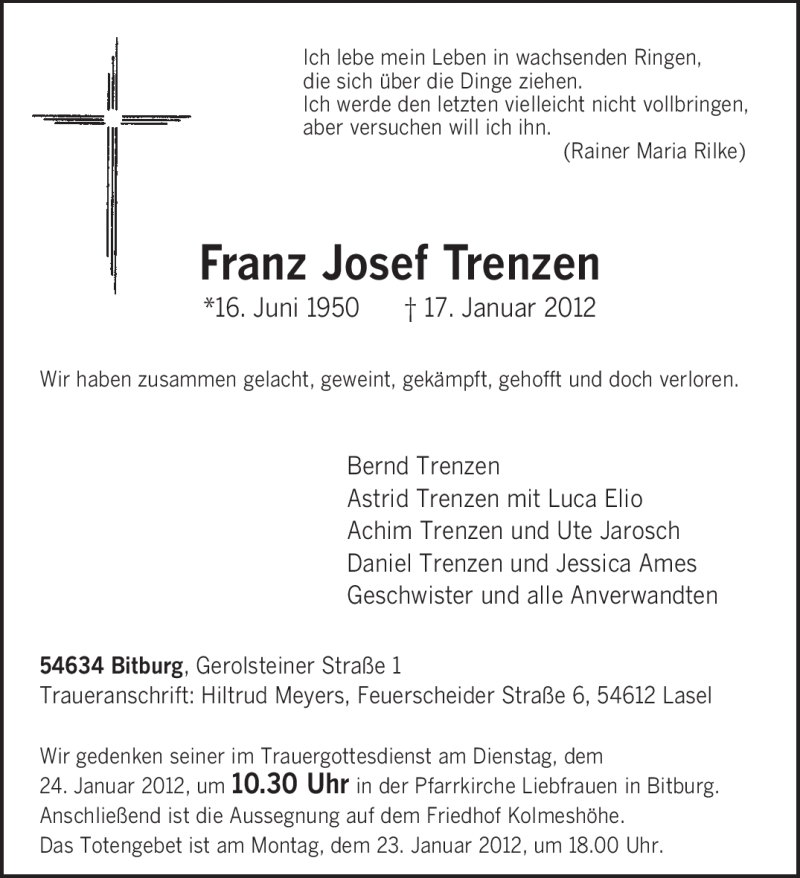  Traueranzeige für Franz Josef Trenzen vom 20.01.2012 aus TRIERISCHER VOLKSFREUND