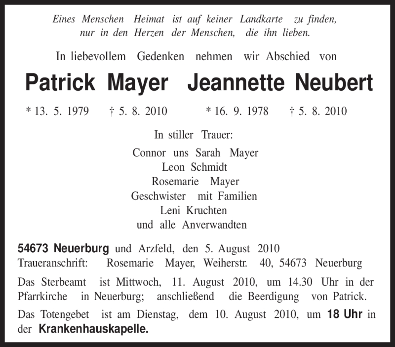  Traueranzeige für Jeannette Neubert vom 09.08.2010 aus TRIERISCHER VOLKSFREUND