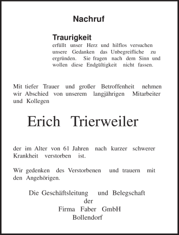 Traueranzeige von Erich Trierweiler von TRIERISCHER VOLKSFREUND