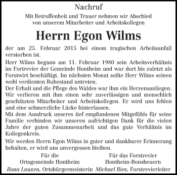 Traueranzeige von Egon Wilms von trierischer_volksfreund