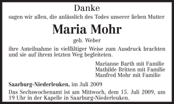 Traueranzeige von Maria Mohr von TRIERISCHER VOLKSFREUND