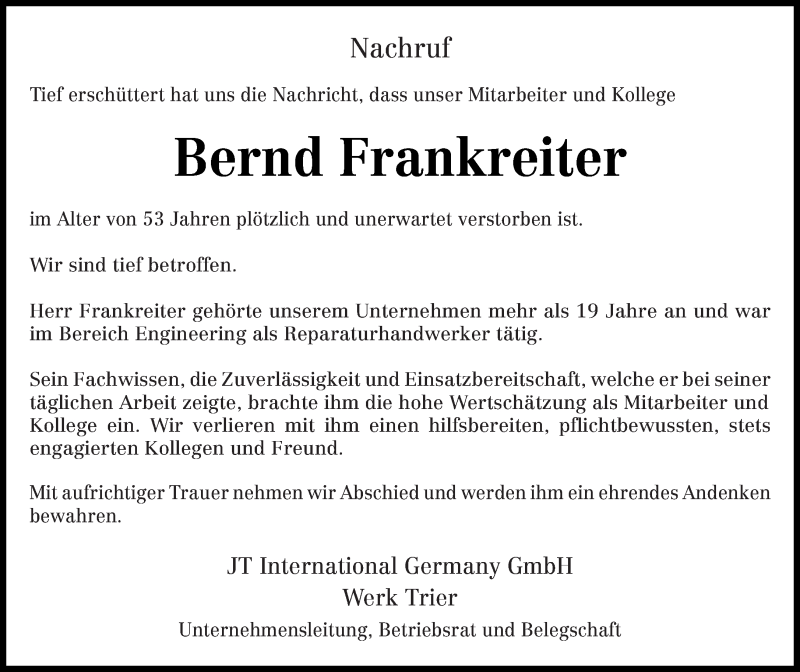  Traueranzeige für Bernd Frankreiter vom 01.07.2015 aus trierischer_volksfreund
