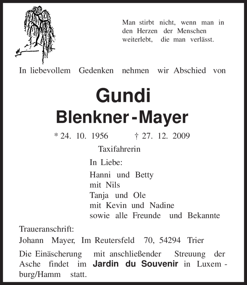  Traueranzeige für Gundi Blenkner-Mayer vom 02.01.2010 aus TRIERISCHER VOLKSFREUND
