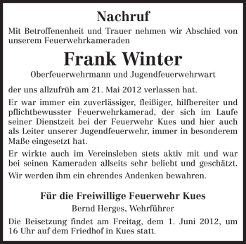 Traueranzeige von Frank Winter von TRIERISCHER VOLKSFREUND