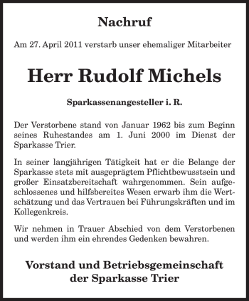Traueranzeige von Rudolf Michels von TRIERISCHER VOLKSFREUND