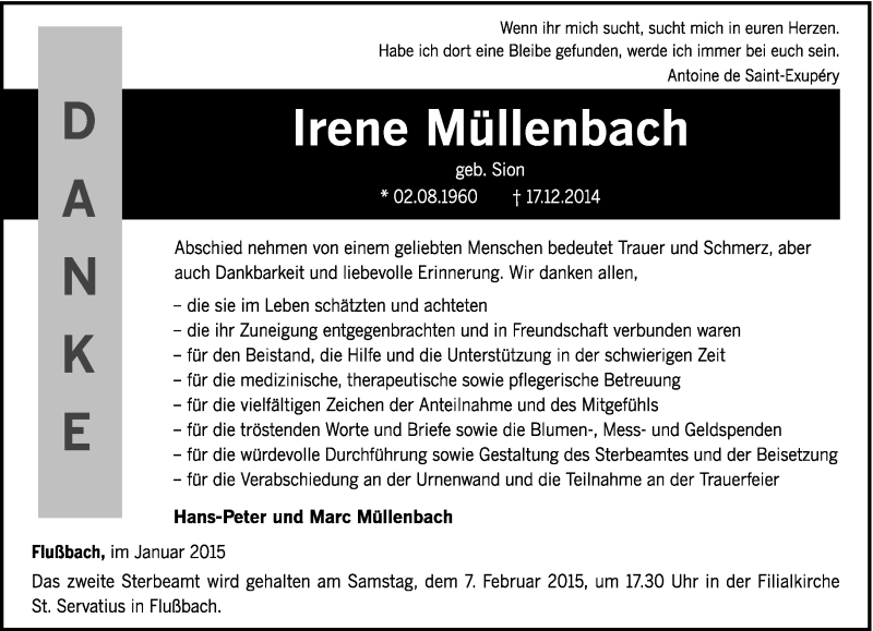  Traueranzeige für Irene Müllenbach vom 31.01.2015 aus trierischer_volksfreund