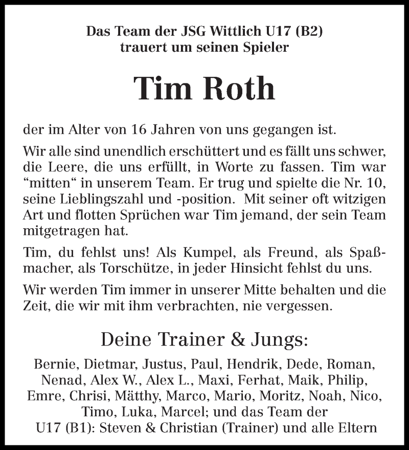  Traueranzeige für Tim Roth vom 24.04.2015 aus trierischer_volksfreund