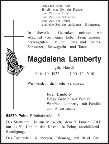 Traueranzeige von Magdalena Lamberty von TRIERISCHER VOLKSFREUND