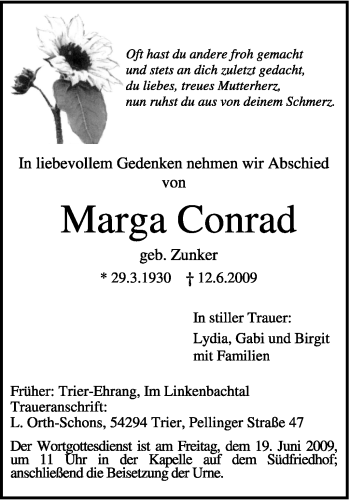 Traueranzeige von Marga Conrad von TRIERISCHER VOLKSFREUND