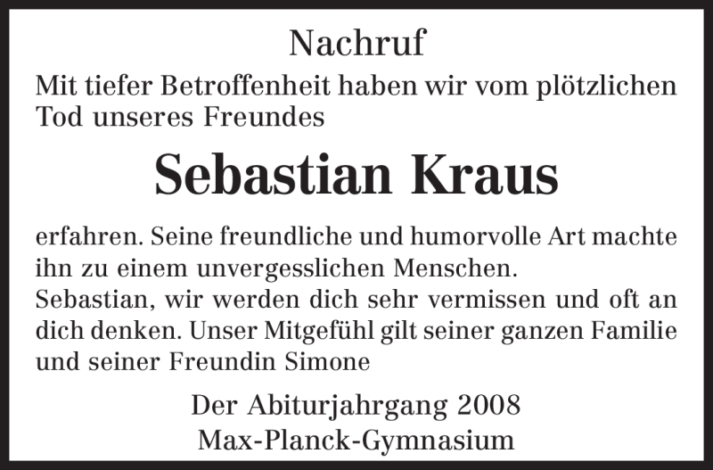  Traueranzeige für Sebastian Kraus vom 20.08.2009 aus TRIERISCHER VOLKSFREUND