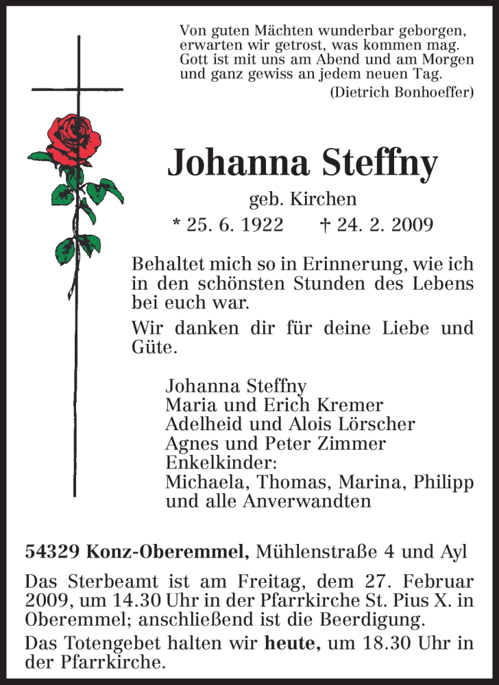  Traueranzeige für Johanna Steffny vom 26.02.2009 aus TRIERISCHER VOLKSFREUND
