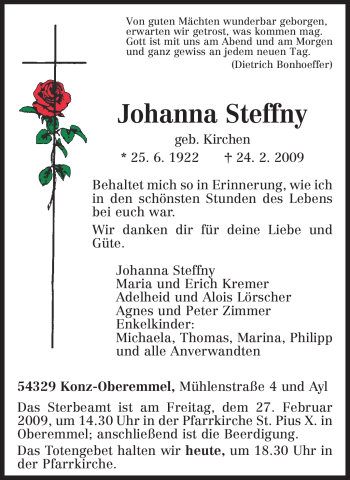 Traueranzeige von Johanna Steffny von TRIERISCHER VOLKSFREUND